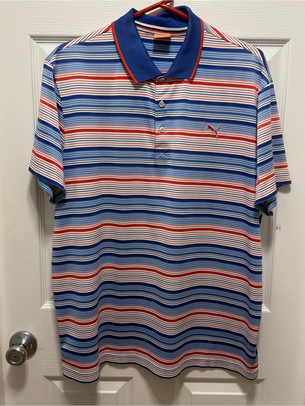 Puma Blue, Red & White Striped Performance Polo